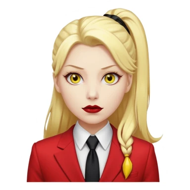 Woman with porcelain white skin, thick blonde hair that's in a thick, long ponytail, has a black nose, yellow scleras, red pupils, and a red suit with a black tie. Demon sticker