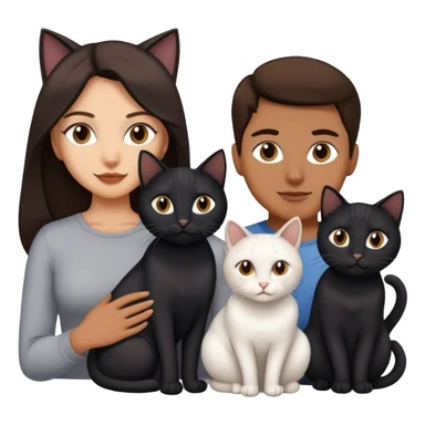 white brunette woman and a man with four cat, one is black one is full white the other two is full gray cats sticker