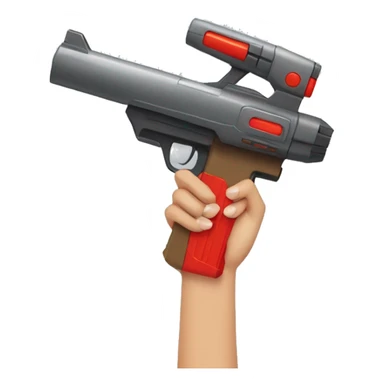 Light brown hand with red nails holding large scary dark nerf gun sticker
