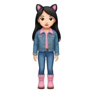 Gordita, ojos pequeños de color cafe oscuro, labios pequeños y rosados, piel trigueña, orejas pequeñas, cabello largo lazio y negro, pequeña. cuerpo completo. vestida con saco de lana jean y botas color café. No le pongas orejas sticker