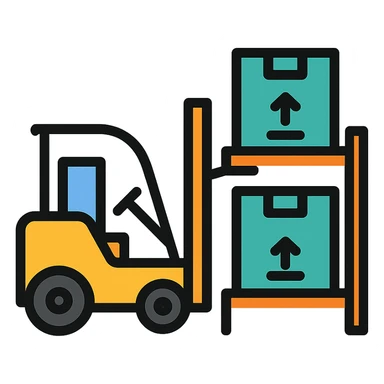 color icon style of a forklift moving a box to a storage area, vibrant colors, clear shapes sticker