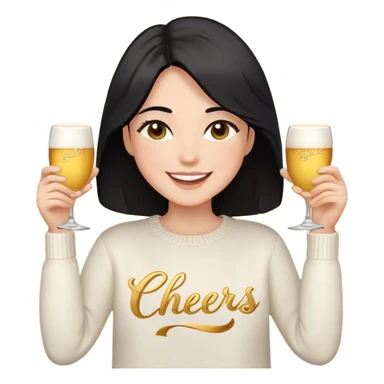 A woman with longer black hair, light to medium skin tone, full cheeks, and almond-shaped eyes, wearing a simple white sweater with the word 'cheers' in gold script, joyful and radiant expression, cheerful, emoji style, just her torso, no hands, no cups, no drinks. sticker