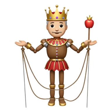 3D render of Puppet King as a wooden marionette puppet, Wooden crown, strings attached to hands, silver metal screw joints at elbows and knees, polished brown wood texture, rigid toy pose, Apple emoji style, isolated on white background --v 6.0. sticker