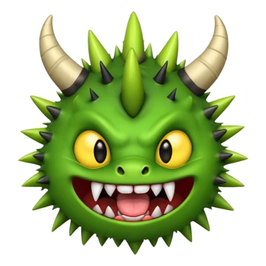 A green monster with two small black horns, spiky fur, big round yellow eyes, and a wide grin showing sharp teeth with its tongue playfully sticking out.  sticker