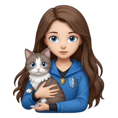 gorgeous Girl with light skin, blue eyes, long brown hair, wears a ravenclaw outfit, with a grey and white cat holding in her arms sticker