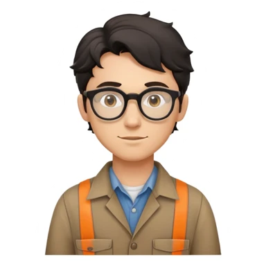 Young caucasian carpenter with black wavy hair, round glasses, brown work clothes with shirt underneath sticker