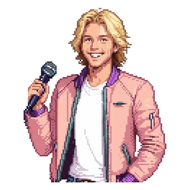 Pixel art style, expressive male performer, Caucasian features, tousled sandy blonde hair, lively eyes, wide cheerful smile, wearing a coral violet jacket over white tee, tossing a microphone in one hand, waist-up, front-facing sticker