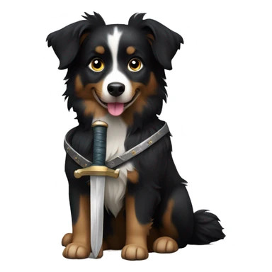Small black australian shepherd dog with a sword sticker