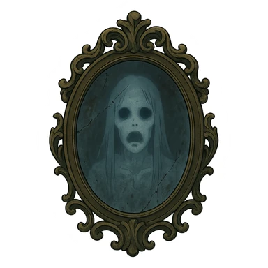 creepy antique mirror with a ghostly face reflected, ornate frame, chilling mood sticker