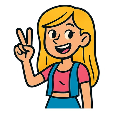 blonde popular girl making a peace sign with her hand, vibrant cartoon style sticker