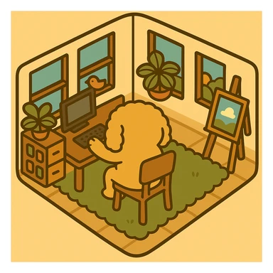 Adjust the dog to be sitting on the chair, back facing us, very close to the table, with paws on the keyboard, clearly using the computer, maintaining the original illustration style. sticker