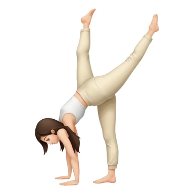Brunette Girl side view handstand legs together straight legs iin cream pants sticker