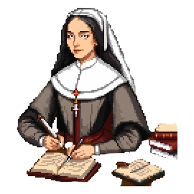 Sor Juana Inés de la Cruz with a quill pen and books sticker