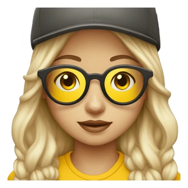 emoji of a girl wearing a cap with glasses that are fitted with yellow lenses. Emphasise the yellow lenses. Change the skin of the person to a biege colour sticker