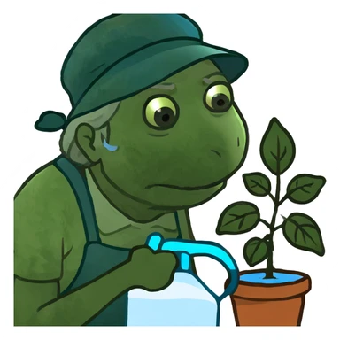 Old woman, wearing water pack, struggling to water house plants sticker