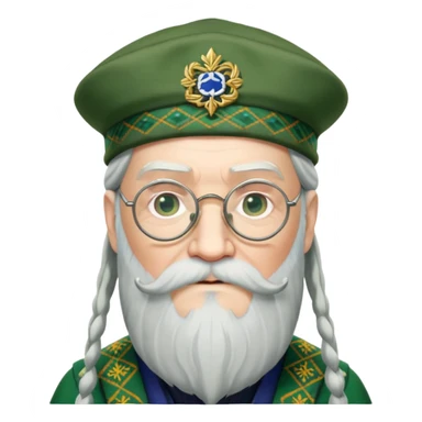 Dumbledore wear green scotland Tam o'shanter cap with decorative patterns, wear glasses, very long beard sticker