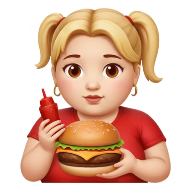 Una niña muy gorda con una coleta y con una hamburguesa en la mano y machada de ketchup sticker