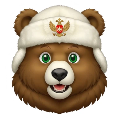 Grinning Russian bear with forest green eyes, fluffy white ushanka hat adorned with double-headed eagle coat of arms sticker