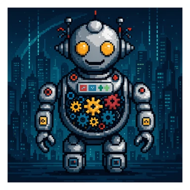 Add a futuristic city background, keep the robot with gears and data streams as the main subject, maintain pixel art style sticker