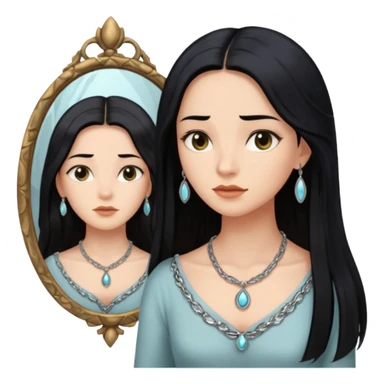 Woman facing ancient mirror, reflection slightly delayed and darker sticker