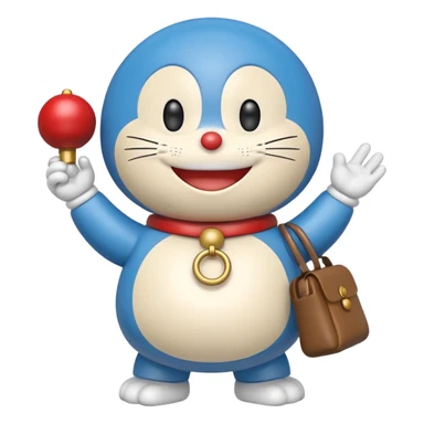 Doraemon, smiling, showing his bell and pocket sticker