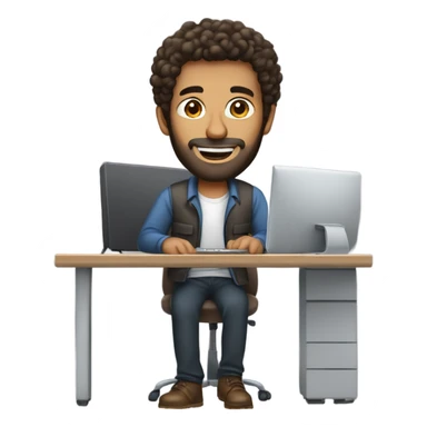 tall men working with his computer. light brown skin men with curly dark brown hair, brown eyes, little grown beard. imposing, bit muscular build. dressed casual. sticker