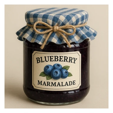 a jar of blueberry marmalade with a blue and white tiled fabric cap and a bow tied on top, detailed, realistic sticker