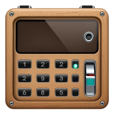 wooden rectangle keypad with a black small screen and a door holder sticker