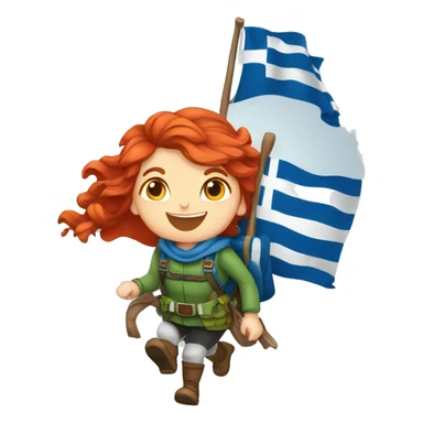 red hair female winter mountaineer climbing with Easter basket and Greek flag sticker