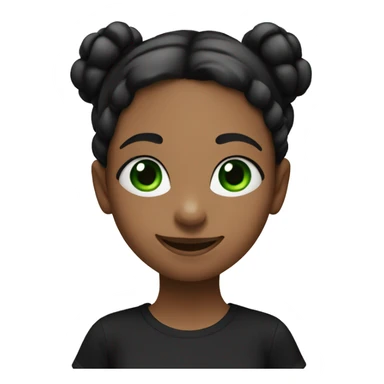 A girl with two black pigtails, in a black T-shirt, with green eyes and a cute smile sticker