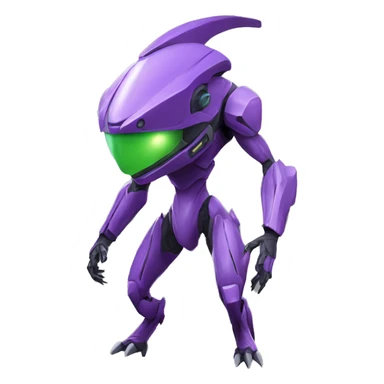 a purple-green Genesect-Raptor-Fakémon—hybrid with a futuristic visor-helmet full body sticker