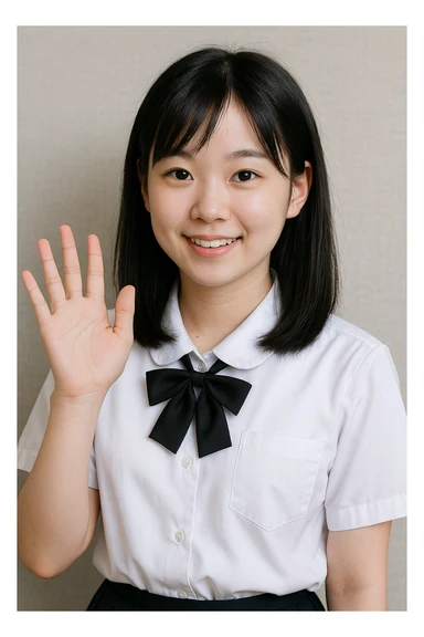 Asian girl, black hair, white skin, in a white school uniform, waving, friendly and approachable sticker
