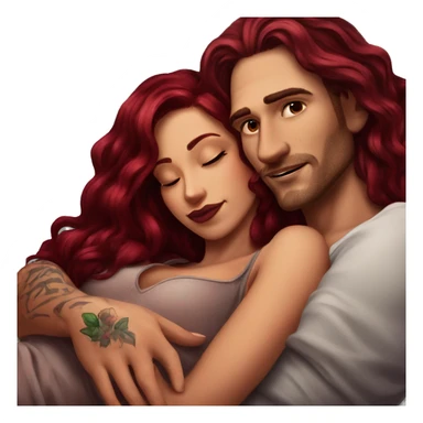 Beautiful tattooed burgundy long haired woman laying on the boyfriends chest sticker