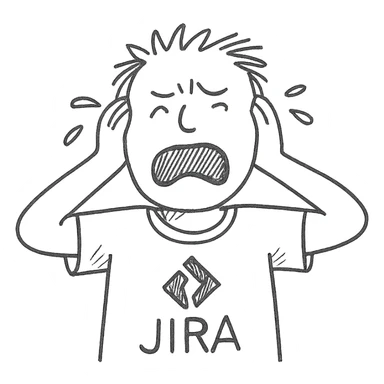 screaming IT guy wearing an Atlassian Jira t-shirt, hand drawn outlined icon sticker