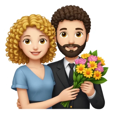 curly haired girl with yellow eyes and hair parted from the right side, smiling beside a handsome bearded man holding a bouquet, friendly sticker