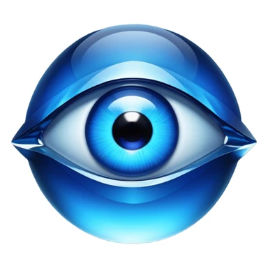 Cinematic Realistic image of a glass Evil Eye blue stone, rendered with translucent, luminous blue hues and finely cut facets that catch soft reflective light, set against a dark, minimalist backdrop to emphasize its mystical allure. sticker