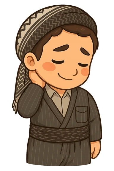 Cartoon sticker of a Kurdish man with the exact same clothes and shawl as the reference images, no changes to clothes or shawl. The face shows a shy expression, one hand behind the neck and head down matching the pose in the reference images. Colorful and cheerful style, no shadows or color halos around the image, no text, suitable for WhatsApp and Instagram, with a fully transparent background. sticker