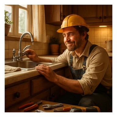 The construction worker kneeling by the sink, hands dirty, calmly fixing the leaky faucet, tools scattered nearby, a gentle smile on his face, warm lighting in a cozy home kitchen. sticker