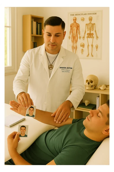 a middle-aged man, dressed in casual professional attire, is in a bright, organized therapy studio. Durante una visita di kinesiologia, il ragazzo tiene con una mano la foto di una persona lontana (il “testimone”) tiene la foto in mano, mentre con l’altra mano esegue un test muscolare su un cliente presente senza foto lui non tiene la foto. Sullo sfondo si vedono libri di kinesiologia, poster anatomici e strumenti tipici della disciplina. L’atmosfera è concentrata e serena, con luce naturale che entra dalla finestra, sottolineando l’aspetto alternativo e umano della pratica. sticker