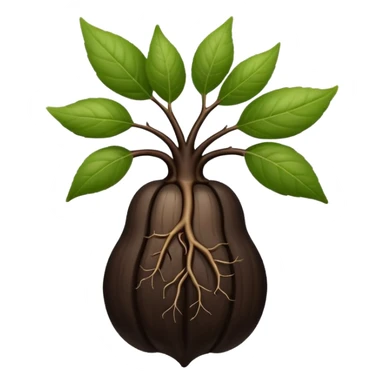 A beautifully arranged black ginseng root (heuksam), in Apple iPhone emoji style. Dark brown-black glossy color, subtle texture on the root, elegant curves, vibrant but natural tones, smooth gradients, clean simple shapes, no outlines, slight 3D depth.
 sticker