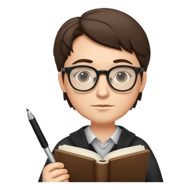 writer holding pen and book, wearing glasses sticker