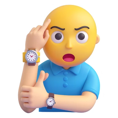 A yellow emoji face with a worried expression, looking at a wristwatch with raised eyebrows, showing urgency and stress sticker