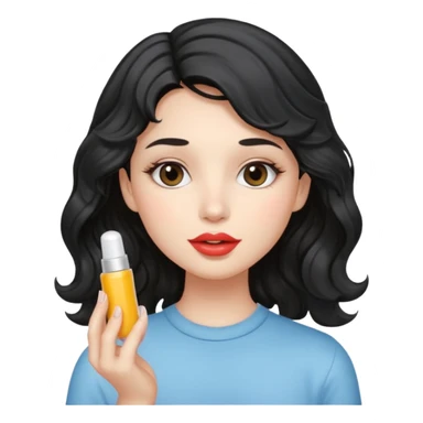 “Girl with light-black wavy hair, soft and flowing. She holds a lip balm just near her lips, about to apply it. The lip balm gives her lips a subtle glossy shine, making them look smooth, hydrated, and naturally pretty sticker