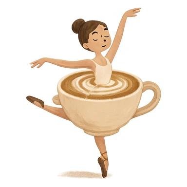 a creative and fun ballerina twirling with a cappuccino cup as her skirt, soft brown and cream colors, no background sticker