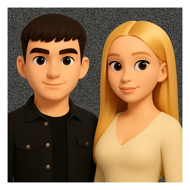 Slightly increase the volume of the upper body of the girl, significantly spread them apart from each other, make the skin color the same for both characters, keep the cartoonish 3D style as in the reference image. sticker