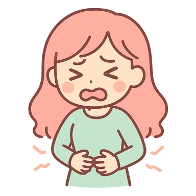 hungry woman holding her belly, face looks very uncomfortable, anime style, dramatic lighting sticker