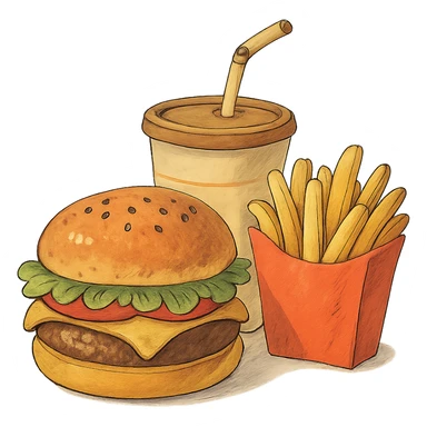 ghibli style burger meal set with fries and drink sticker