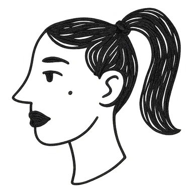 black and white face in side view, black high ponytail, black cheeks, black lips, long nose, one freckle sticker