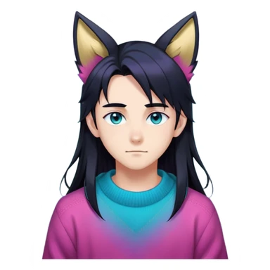 anime man with long-straight-dark-black hair, long black fox ears with pink Scapha, colorful-gradient-brown-turquoise eyes, gold earring, dark-blue-sweater, white pupils,  sticker