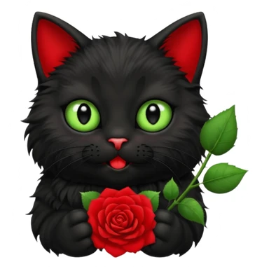 Cute emoji-style black cat holding a red rose in its mouth, big round eyes with light green sclera and black pupils, fluffy fur, clean mascot style, centered, soft beige background, 1:1 ratio. sticker